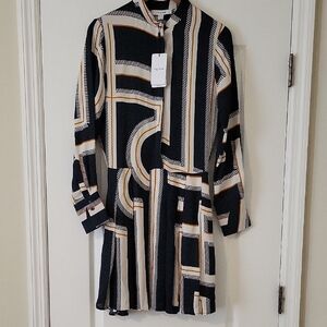Reiss Printed Shirt Dress Navy Cream Long Sleeve Size 2 NWT